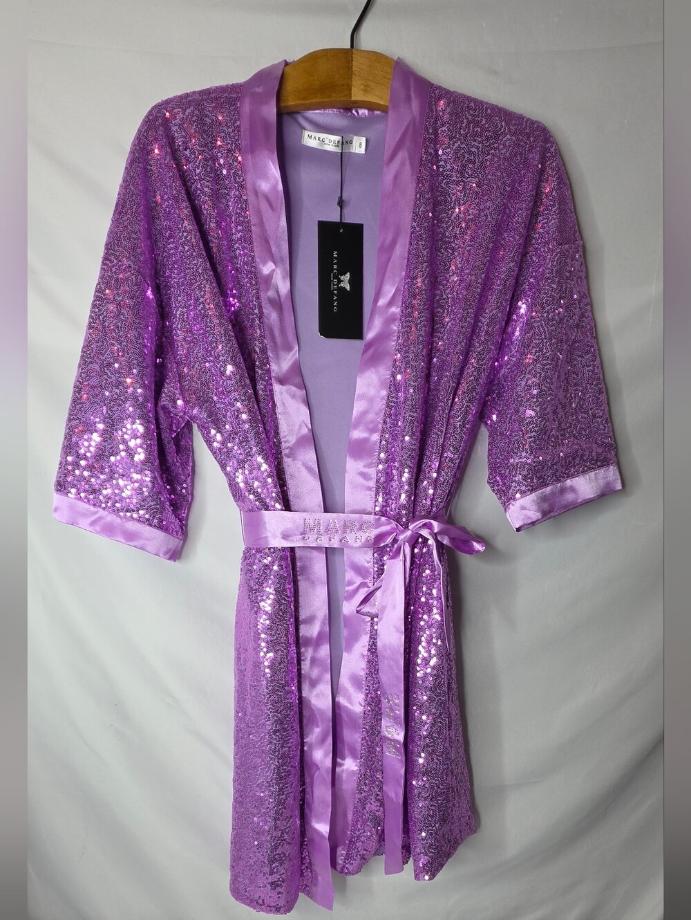 NWT Marc Defang 8205 Purple Sequin Robe Kimono Duster Pageant Satin Belt Size 8